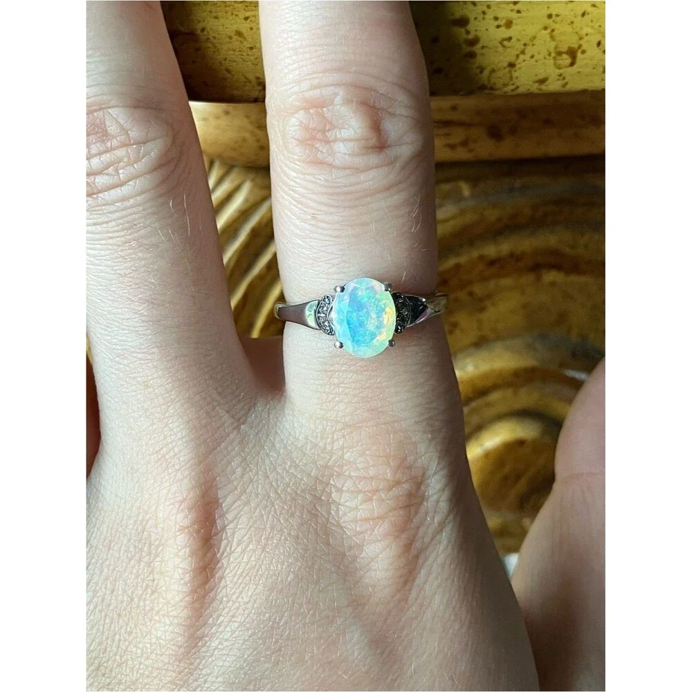Natural Ethiopian Opal Champagne Diamond Sterling Silver Ring Size 8